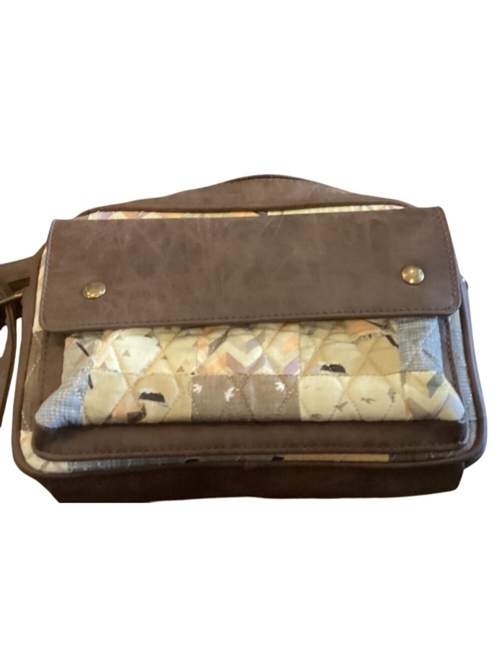 Donna Sharp Quilted Crossbody Bag W/ Bird Pattern & Brown Faux Leather Accents